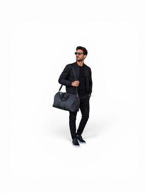 Men's Black Check Duffle Bag - Travel Weekend Tote